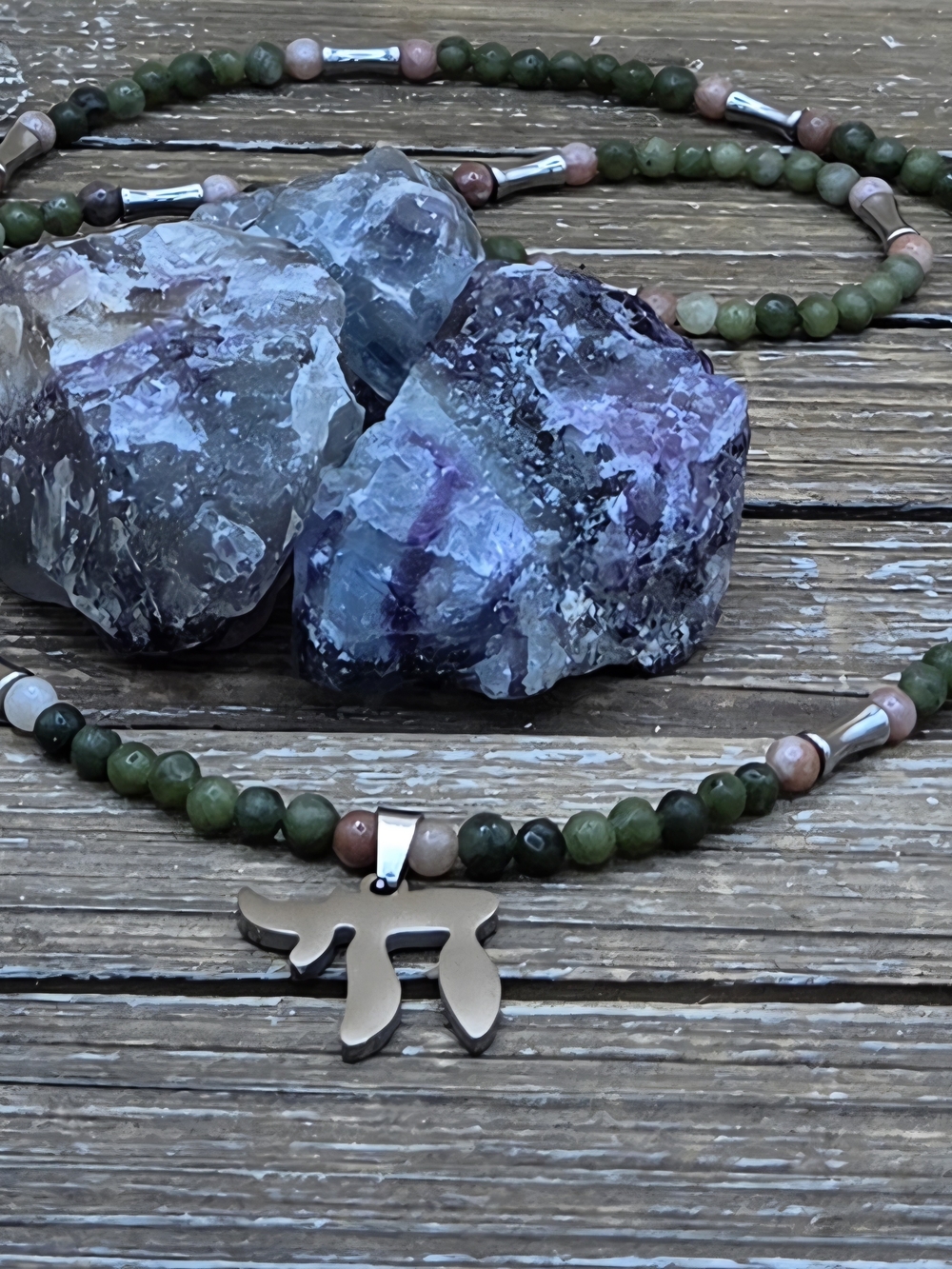 Green Jade, Plum Blossom Jasper and Stainless Steel Necklace with Chai Pendant - Picture 3 of 6